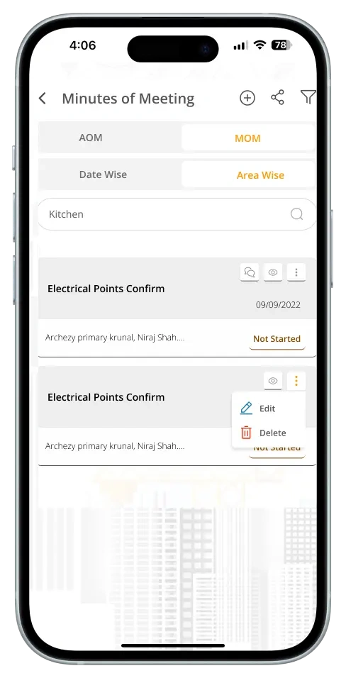 Archezy mobile app interface for architectural project tracking